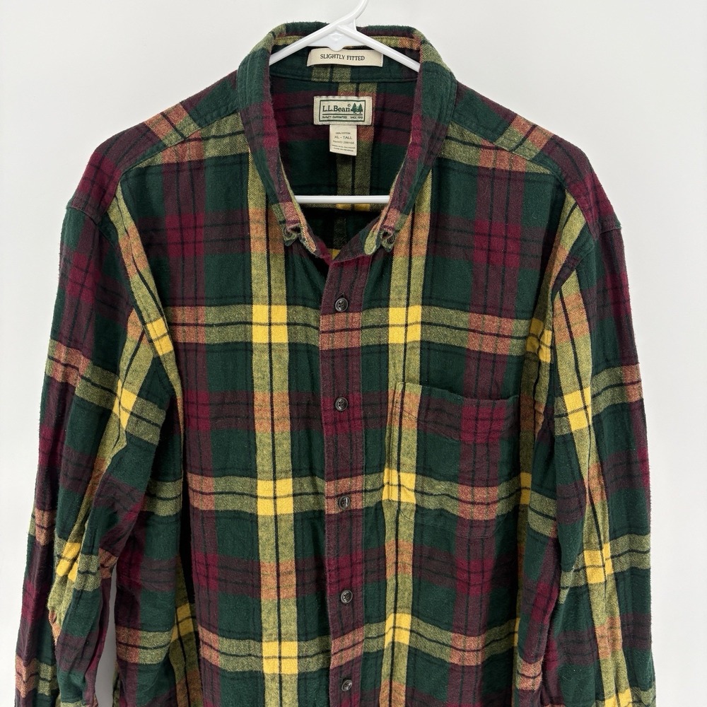 LL Bean 298168 Scotch Plaid Flannel Shirt Mens XL Tall Green Burgundy Yellow